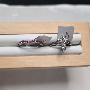 Lot of 2 Stainless Steel Fashion Rings Silver Rhinestone Cross and Purple Band